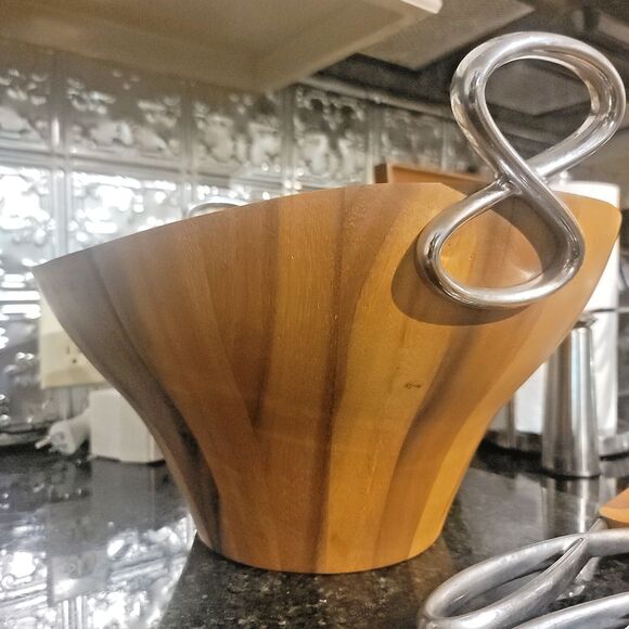 Luxury Nambe Acacia Wood Large Salad Serving Bowl Fork & Spoon Silver Accents - Picture 11 of 16